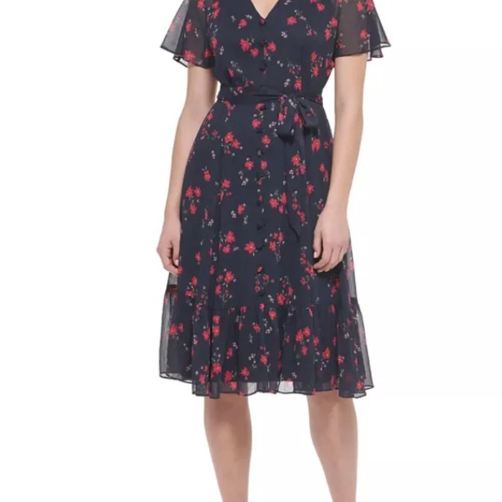 Calvin Klein Navy Floral V-Neck Chiffon Midi Dress – Size 12 - Picture 2 of 9